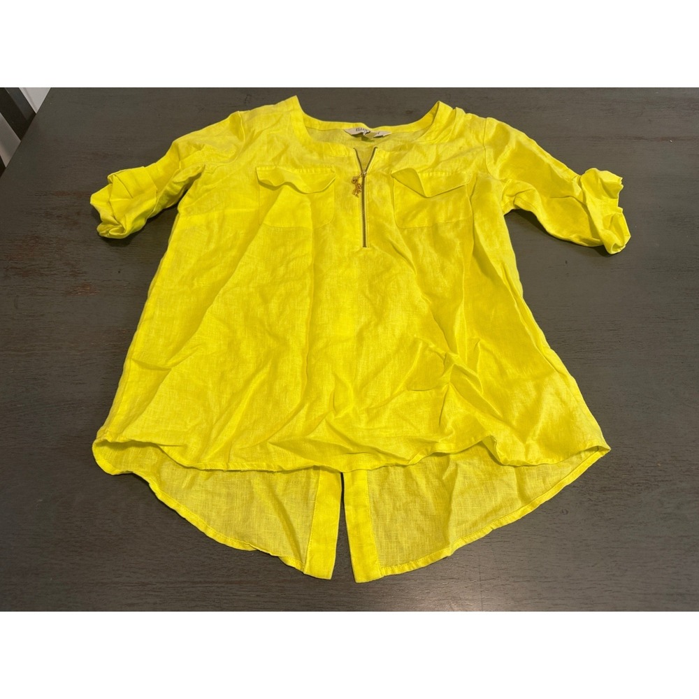 Ellen Tracy 100% Linen Yellow Half Zip Roll Tab Sleeve Tunic Top M